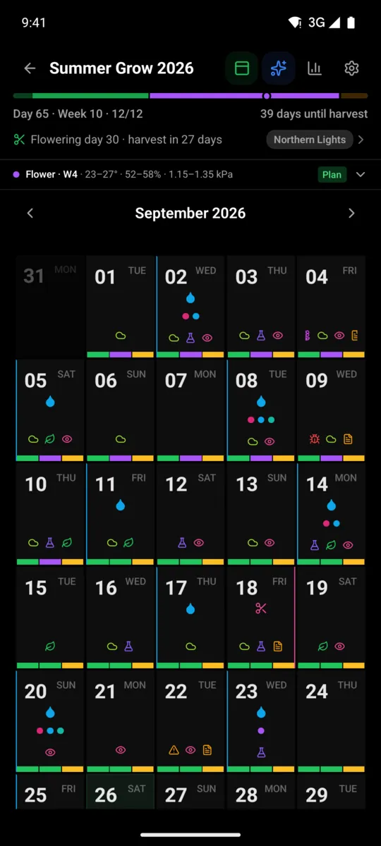 GrowBro calendar in dark mode