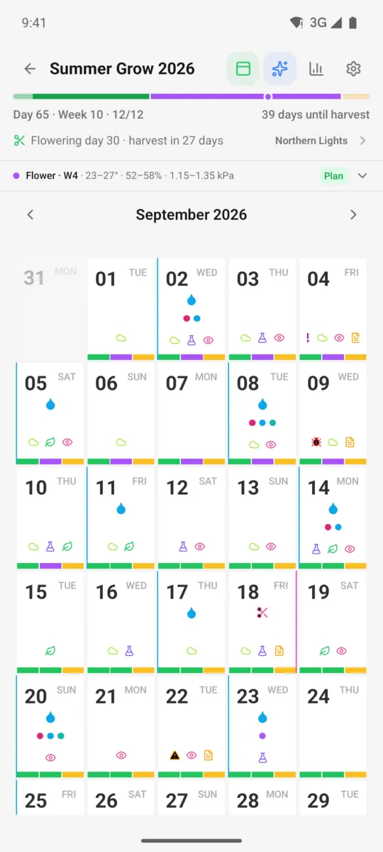 GrowBro calendar for September with watering drops, additive dots and phase bars on every day