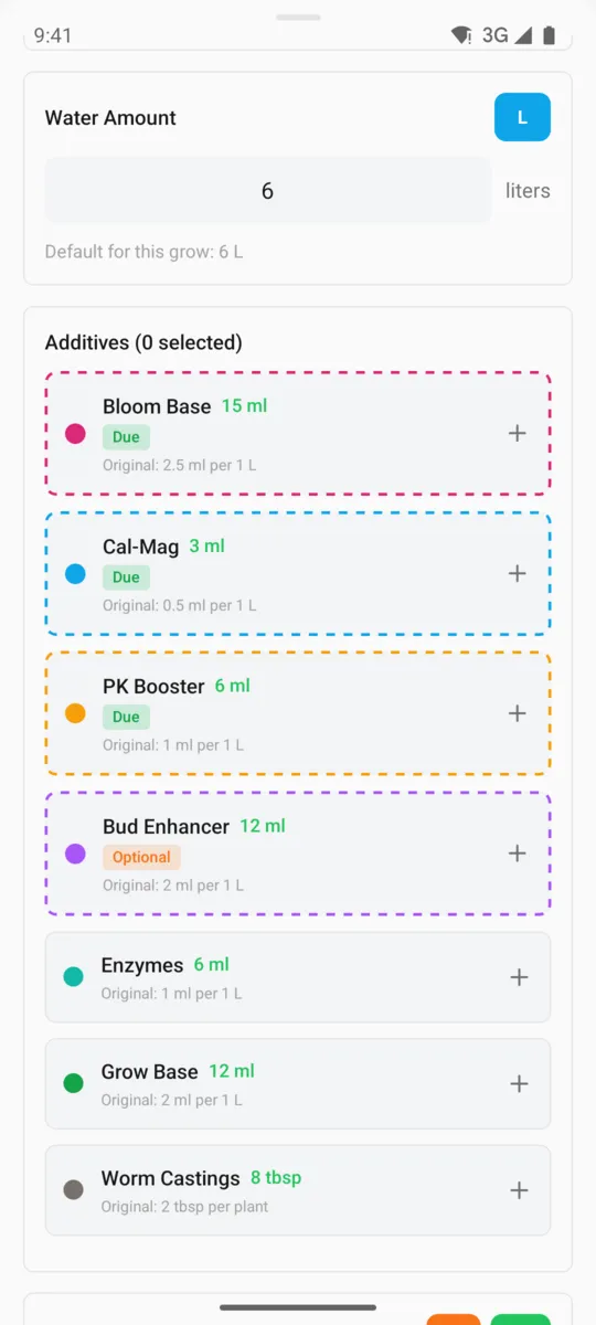GrowBro feeding sheet: 6 litres of water and additives like Bloom Base 15 ml marked as due