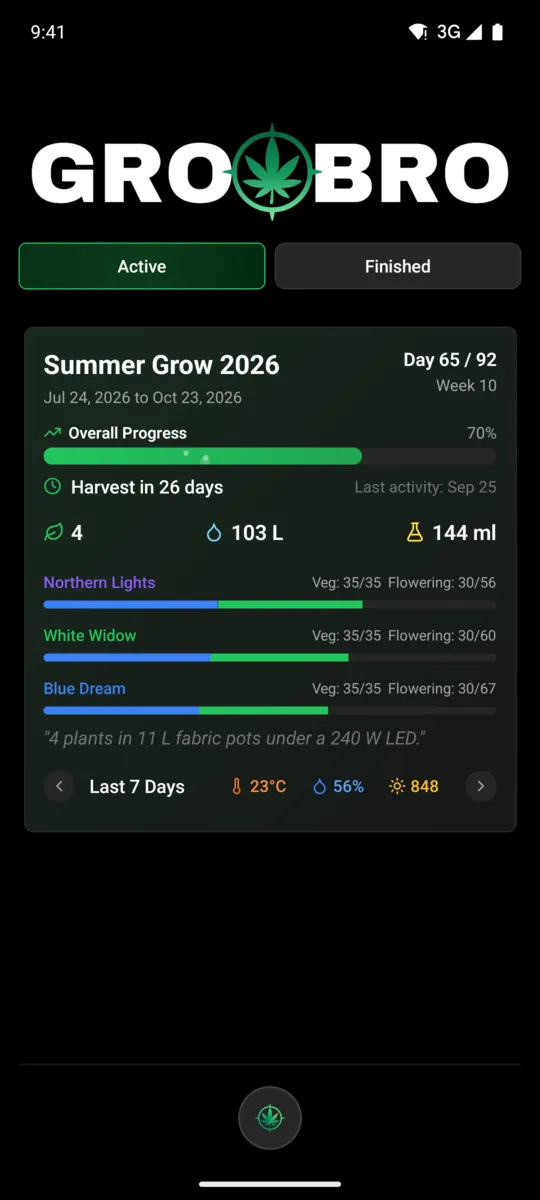 GrowBro home screen in dark mode