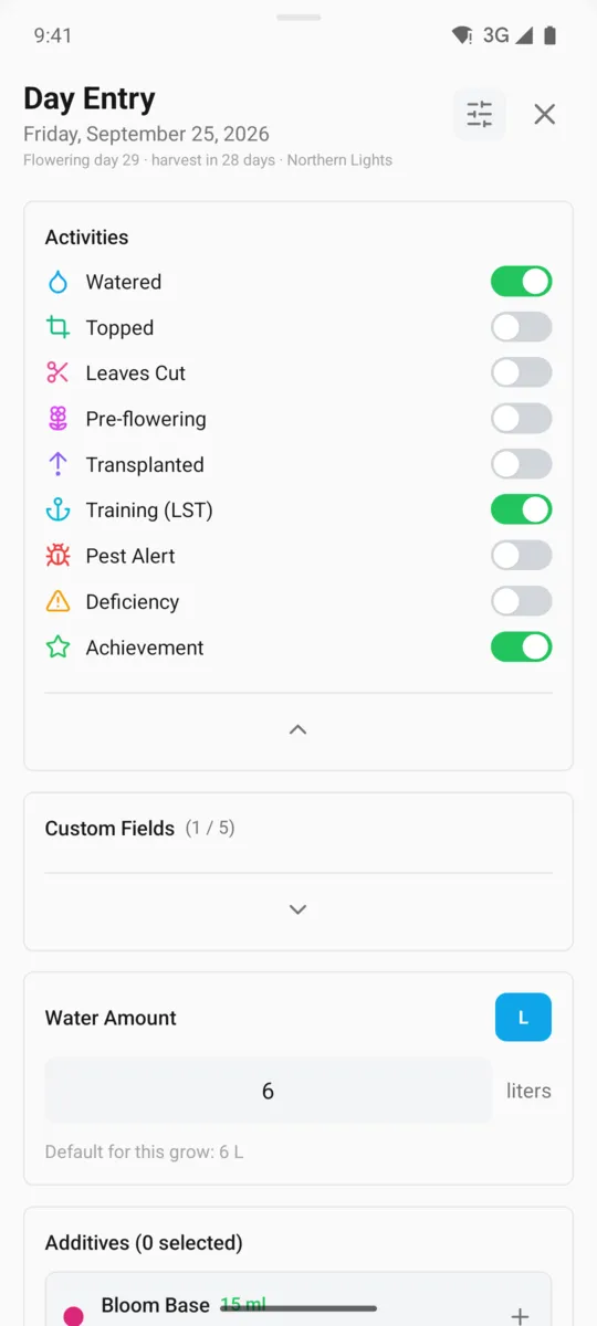 GrowBro day entry with activity toggles for watered, topped, training and more